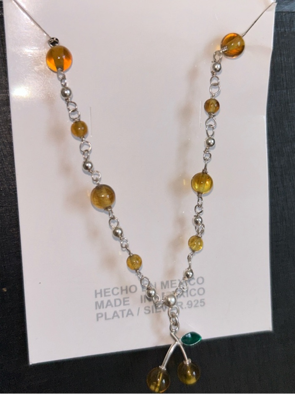 Sterling Silver Yellow Amber Bead Cherry Pendant Necklace